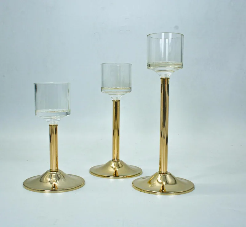 Photophore doré à tube verre, lot de 3