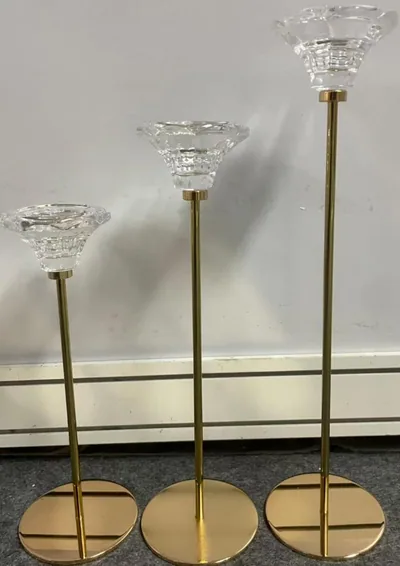 Photophore cristal sur tige dorée, lot de 3