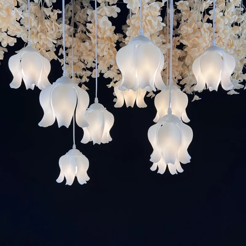 Milky white chandelier with lily of the valley, 10 lights