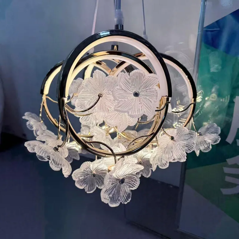 Lustre fer forgé couronne verre coloré fleur, 5 têtes