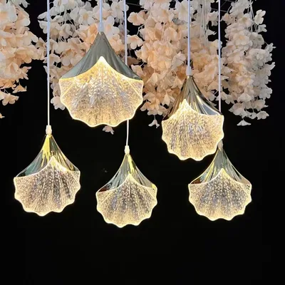 Lustre galvanisé grand modèle feuille de ginkgo, 5 têtes